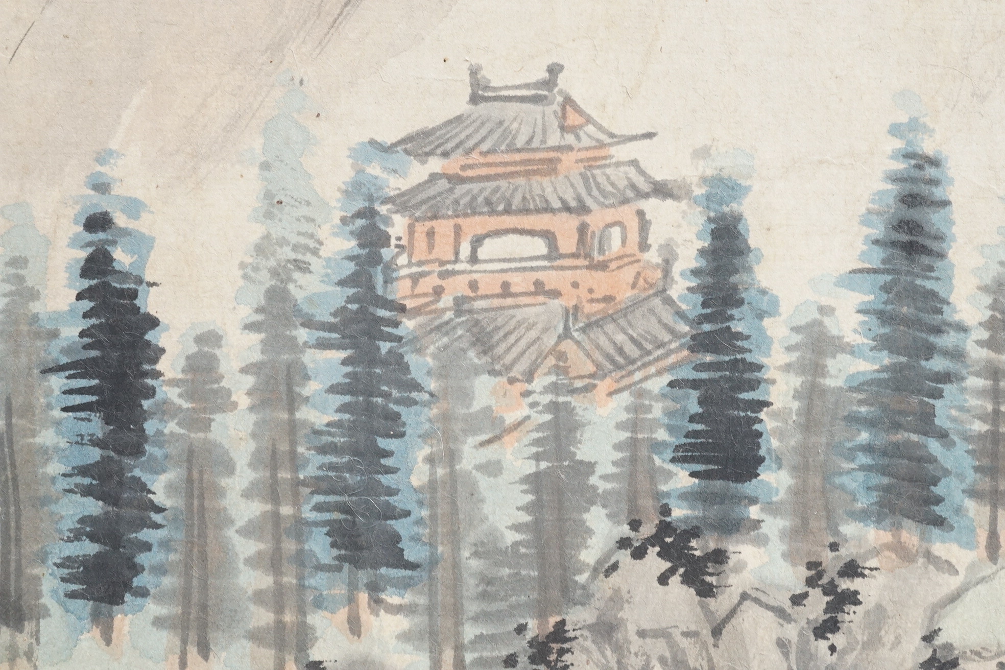 Chinese School , (Qing dynasty), Figures in a mountainous river landscape, Ink and colour on paper handscroll, 268.5cm x 29cm excluding borders